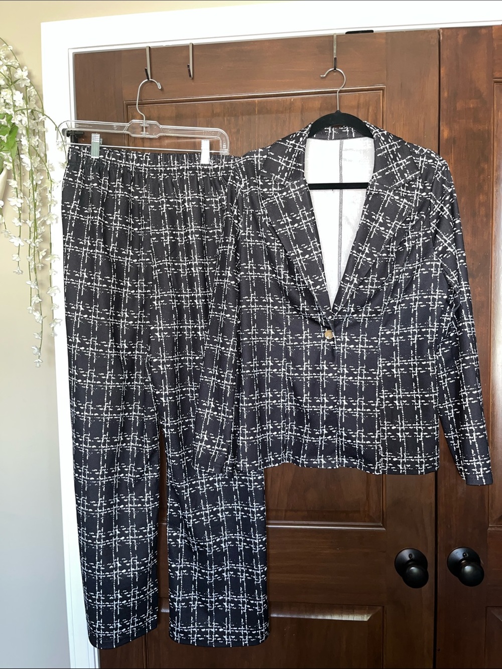 Black and White Windowpane Tailored Women's Pantsuit - Classic Two-Piece Set